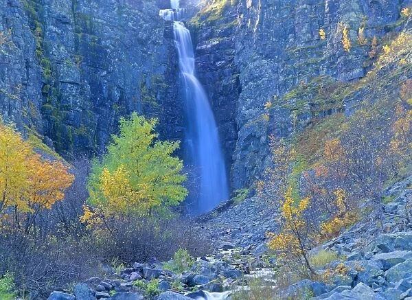 Njupeskaer waterfall colourful decorated gorge and cliffs of Sweden's highest waterfall in autumn Fulufjaellet National Park, Dalarna, Sweden