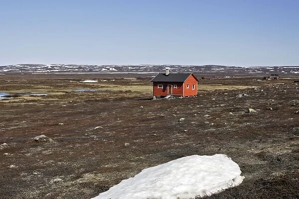 Norway - tundra landscape at edge of Varanger Fjord - North Norway. Colonised by small, possibly mobile, housing