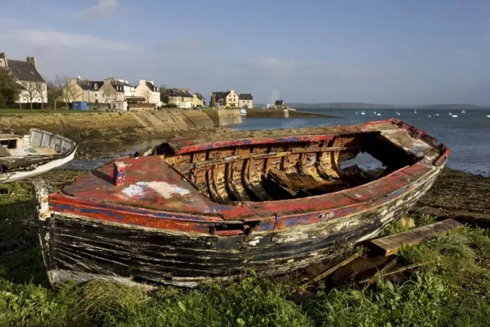 Framed Print : Old Boat on shore by harbour. Le Fret, Brittany, France Framed Print : Old Boat on shore by harbour. Le Fret, Brittany, France