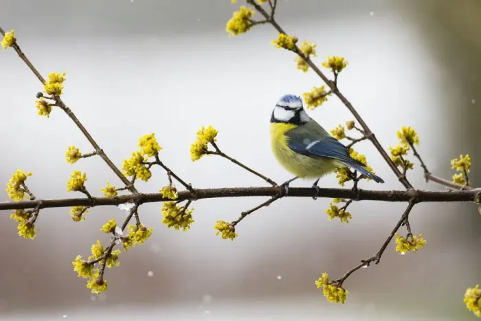 Framed Print : P2A7015. Blue Tit - perched on flowering Cornelian Cherry branch Framed Print : P2A7015. Blue Tit - perched on flowering Cornelian Cherry branch