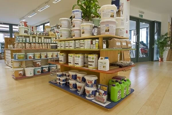 Paint - Display of pots of Auro Natural Paint eco-friendly Green without compromise. Green Shop Bisley UK
