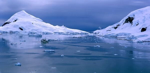 Paradise Harbour (Bay) with Danco coast left and Bryde Island right with cruise ship, Antarctic Peninsula JPF42262