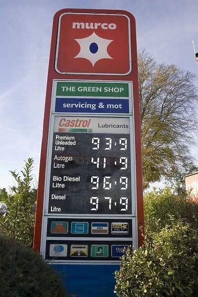 Petrol Station Sign - showing prices and global diesel containing 5% biodiesel for sale at Green Shop, Bisley, Gloucestershire, UK