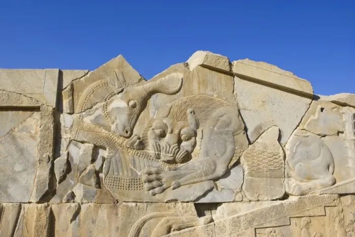 Framed Print : Phases of the Sky carving, Persepolis, Iran. The lion, symbol of the spring, is eating the bull which is the symbol of the winter according to the phases of the stars; the meaning is that spring is appearing Framed Print : Phases of the Sky carving, Persepolis, Iran. The lion, symbol of the spring, is eating the bull which is the symbol of the winter according to the phases of the stars; the meaning is that spring is appearing