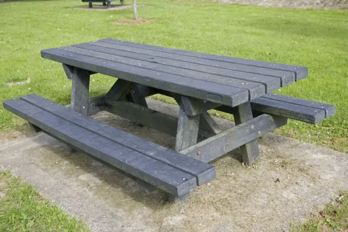 Framed Print : Picnic table made of recycled plastic Normandy France Framed Print : Picnic table made of recycled plastic Normandy France