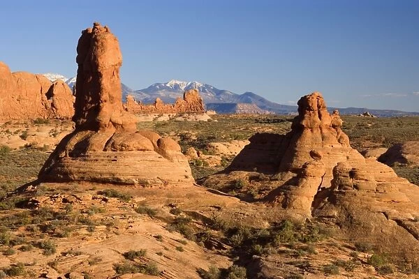 Pillars of the Earth - red sandstone pillars standing in front of the Manti-La Sal Mountains and the Windows Section of the park - Arches National Park, Utah, USA