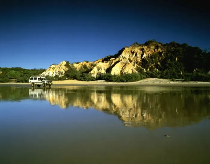 Framed Print : The Pinnacles - with 4WD vehicle and reflection - Great Sandy National Park, Fraser Island, Queensland, Australia JPF34110