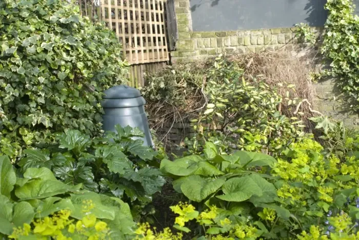 Framed Print : Plastic Compost Bin in garden corner - UK Framed Print : Plastic Compost Bin in garden corner - UK