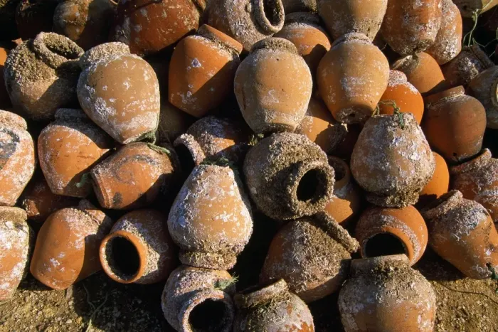 Framed Print : Portugal - terracotta fishing pots with accumulated crustacea. Algarve, Portugal