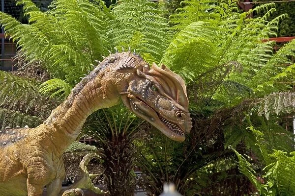 Prehistoric Reconstruction - Head of Dilophosaurus a theropod dinosaur Wildlife Park Combe Martin Devon UK