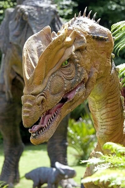 Prehistoric Reconstruction - Head of Dilophosaurus a theropod dinosaur Wildlife Park Combe Martin Devon UK