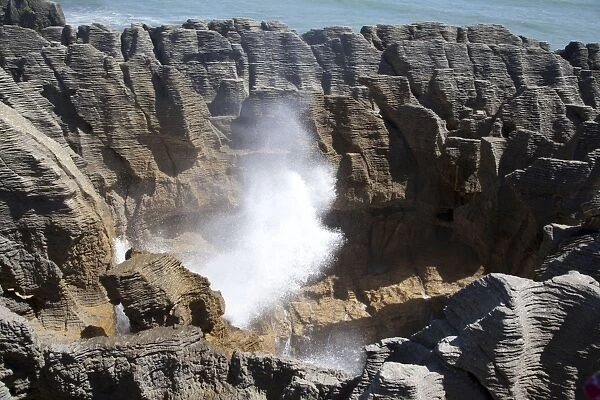 Punakaiki blowhole - Limestone layering - Dolomite Point on the West Coast of New Zealand's South island is known as the Pancake Rocks - originally the limestone was laid down in softer and harder layers