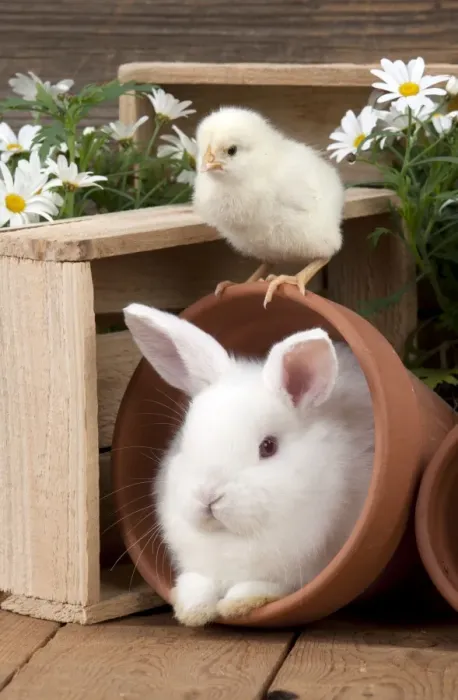 Framed Print : RABBIT & CHICK - Mini Ivory Satin Rabbit - sitting in flower pot with chick on top Framed Print : RABBIT & CHICK - Mini Ivory Satin Rabbit - sitting in flower pot with chick on top