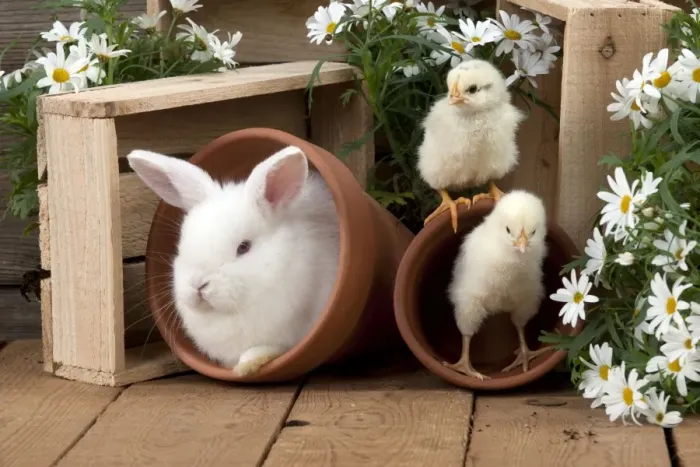Framed Print : RABBIT & CHICK - Mini Ivory Satin Rabbit - sitting in flower pot with chicks Framed Print : RABBIT & CHICK - Mini Ivory Satin Rabbit - sitting in flower pot with chicks