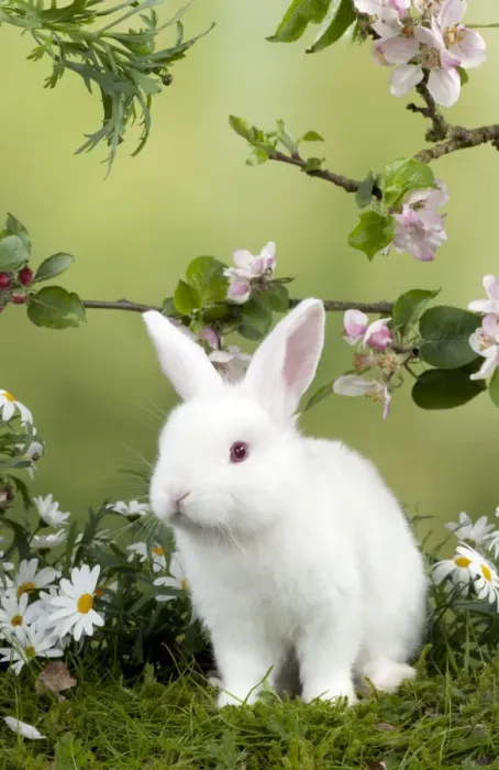 Framed Print : RABBIT - Mini Ivory Satin Rabbit - sitting in flowers under blossom Framed Print : RABBIT - Mini Ivory Satin Rabbit - sitting in flowers under blossom