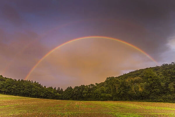 Rainbow, appearing in double form over woodland, Lower Saxony, Germany