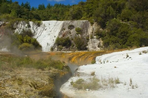 Rainbow and Cascade Terrace colourful silica terrace formed by hot water algae growing in the geothermal area of Orakei Korako also called The Hidden Valley Orakei Korako, Waikato, North Island, New Zealand