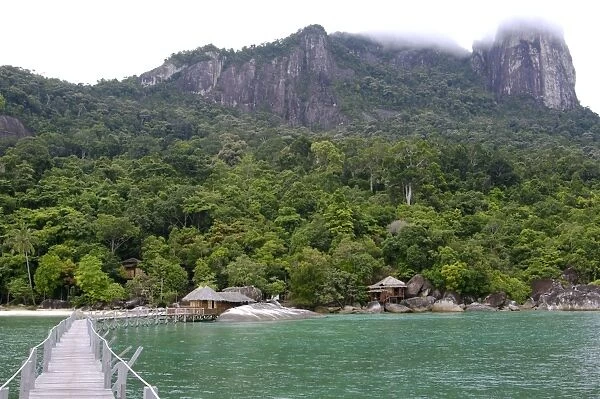 Rainforest, a jetty and a wooden cabins of the 'Bagus Place Retreat' - a small private resort, on the shore of volcanic Tioman Island, 30 km east off peninsula Malaysia in South China Sea; June. Ma39. 3543