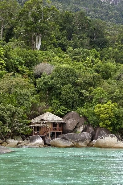 Rainforest and a wooden cabin of the 'Bagus Place Retreat' - a small private resort, on the shore of volcanic Tioman Island (at high tide), 30 km east off peninsula Malaysia in South China Sea; June. Ma39. 3538