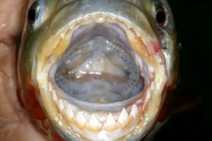 Framed Print : Red / Red-Bellied Piranha - mouth wide open showing teeth - Venezuela Framed Print : Red / Red-Bellied Piranha - mouth wide open showing teeth - Venezuela