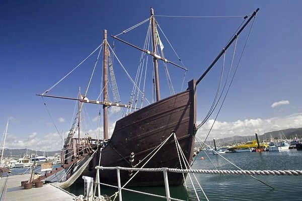 Replica of Columbus sailing ship Pinta in harbour Baiona Galicia Spain