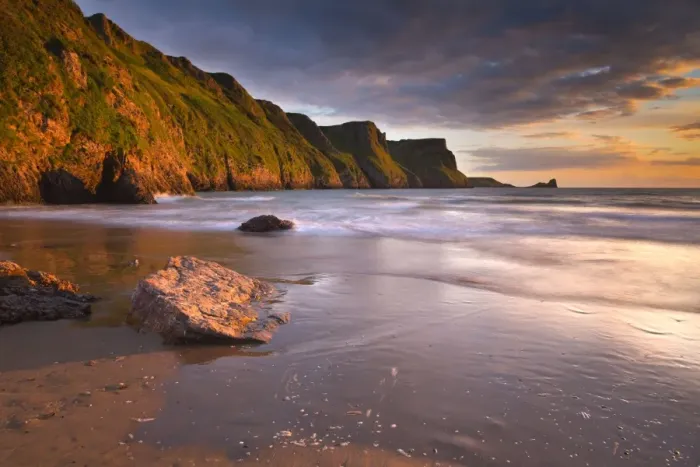 Framed Print : Rhossili - beach at sunset - Worms Head, Gower, Wales, UK
