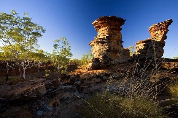 Keep River Rock formations - chimney shaped rock formations and gum trees in early morning light - Keep River National Park, Northern Territory, Australia
