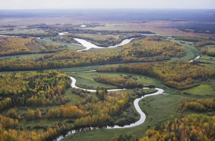 Framed Print : River Sosva meanders, forest and meadows (used for hay-making and transporting by the river); autumn; typical in North Ural Mountains region, Russia Ur31. 0006 Framed Print : River Sosva meanders, forest and meadows (used for hay-making and transporting by the river); autumn; typical in North Ural Mountains region, Russia Ur31. 0006