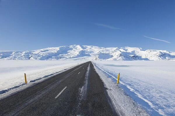 Road Iceland Ringroad in snowy landscape South Iceland
