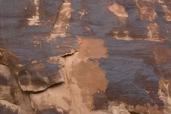 Rock varnish, formed on sandstone cliffs over long period by bacterial action, including deposition of manganese. Arches National Park, Utah