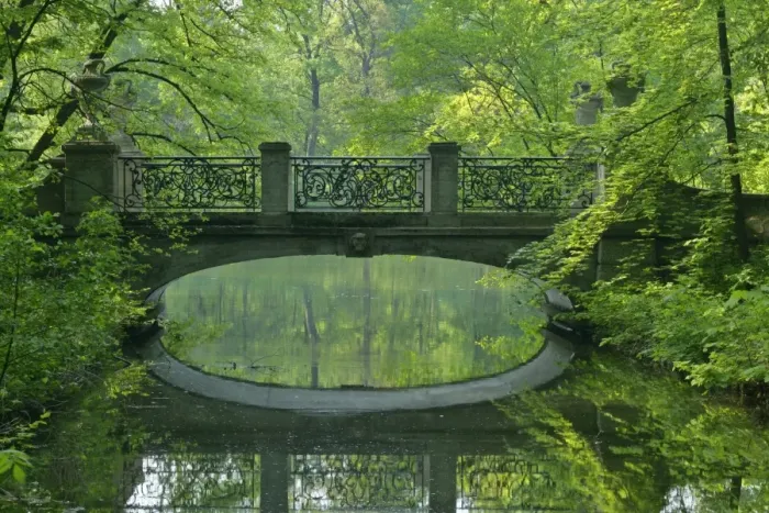 Framed Print : Romantic bridge in baroque style reflecting in brook in spring forest Park of Nymphenburg castle, Bavaria, Germany Framed Print : Romantic bridge in baroque style reflecting in brook in spring forest Park of Nymphenburg castle, Bavaria, Germany