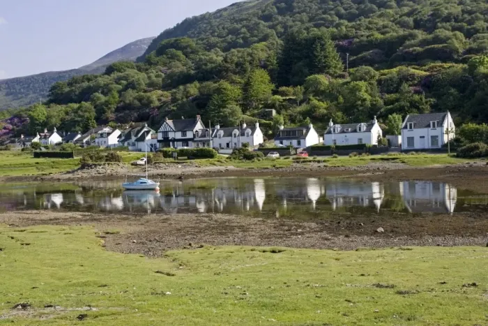 Framed Print : Row of cottages reflected in harbour Lochranza Isle of Arran Bute Scotland UK Framed Print : Row of cottages reflected in harbour Lochranza Isle of Arran Bute Scotland UK