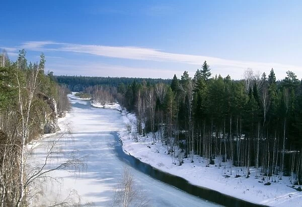 Russia Frozen river, Chusovaya in Ural Mountains