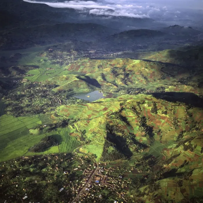 Framed Print : Rwanda - Aerial view of Africa, Intensive agriculture on Virunga foothills, 2003 Framed Print : Rwanda - Aerial view of Africa, Intensive agriculture on Virunga foothills, 2003