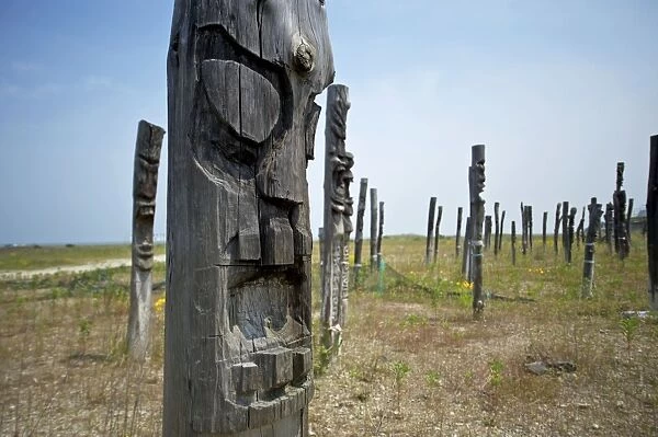 Saemangeum Korea - Jangseung Totem Poles carved faces with contorted scream opposition to the land reclamation