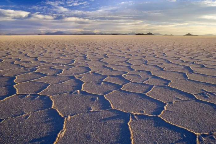 Framed Print : Salar de Uyuni - polygonal salt pattern on dried up salt lake at sunset - Salar de Uyuni - Altiplano - Bolivia - South America