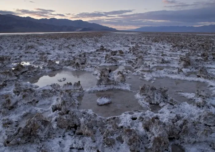 Framed Print : Salt Lake - at sunset, unusually full of water in high rainfall El Nino year. Death Valley National Park, USA