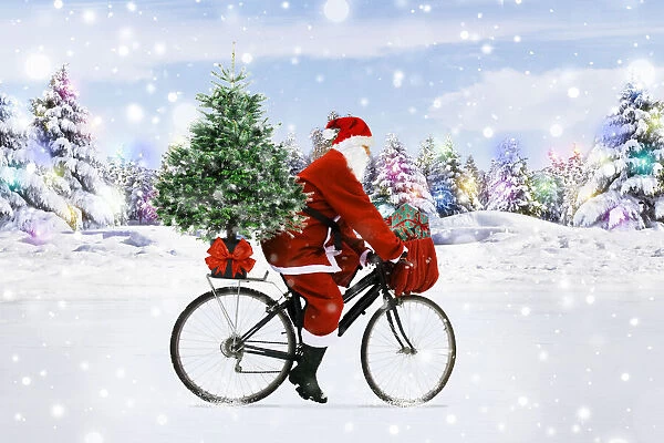 Santa Claus riding a bicycle through the snow with a Christmas tree