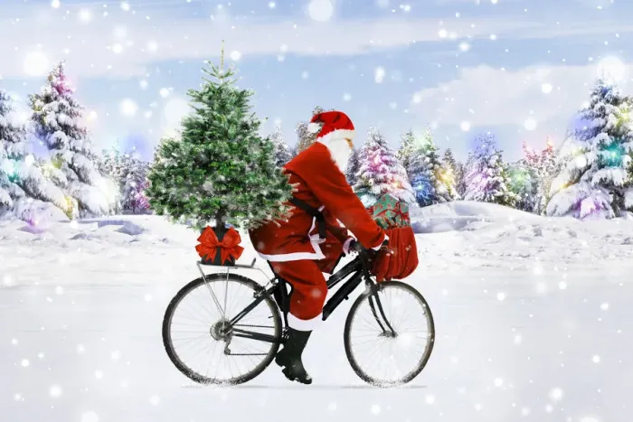Framed Print : Santa Claus riding a bicycle through the snow with a Christmas tree Framed Print : Santa Claus riding a bicycle through the snow with a Christmas tree