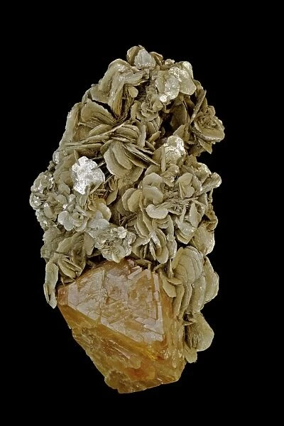 Scheelite Crystal (CaWO4) (bottom) on Muscovite - China - Scheelite is calcium tungstate usually with some of the tunsten replaced by molybdenum - It is fluorescent