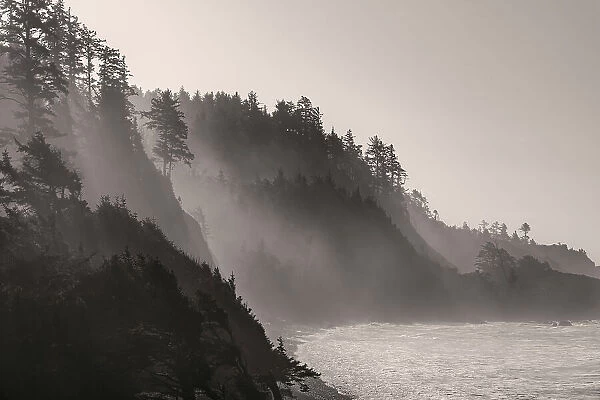 Sea mist rises along Indian Beach at Ecola State Park in Cannon Beach, Oregon, USA Date: 22-10-2021