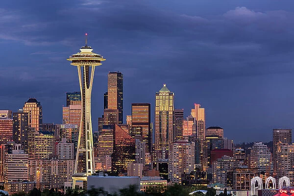Seattle skyline at dusk, Seattle, Washington State Date: 22-06-2013