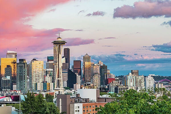 Seattle, Washington State, USA. Downtown Seattle at sunset on a summer day. Date: 19-05-2021