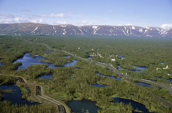 Semi-tundra - aerial view from helicopter. A landscape in front of Putorana mnt plateau, not far from Norilsk industrial complex. Taimyr peninsula, North of Siberia, Arctic Russia. Summer, July. Di33. 2773