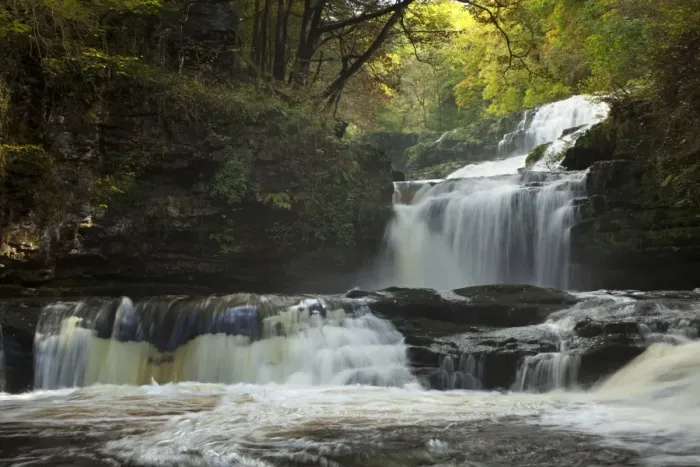 Framed Print : Sgwd Isaf Clun Gwyn waterfall on the river Mellte in the Brecon Beacons - October - Mid-Wales - UK