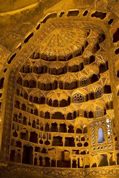 Sheik Safi Mausoleum, Ardabil, Iran. Stalactite ceiling of Khan-e Chini (Porcelain Museum), originally a meeting room, was refurbished by Shah Abbas I to display his collection of porcelain preseented to him by a Chinese emperor