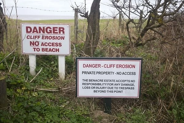 Signs at Covehithe telling of the danger of cliff erosion - Suffolk