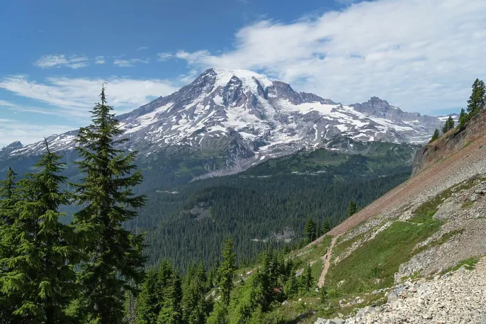 Framed Print : South Face of Mount Rainier seen from Pinnacle Peak Trail. Mount Rainier National Park, Washington State Date: 28-07-2021