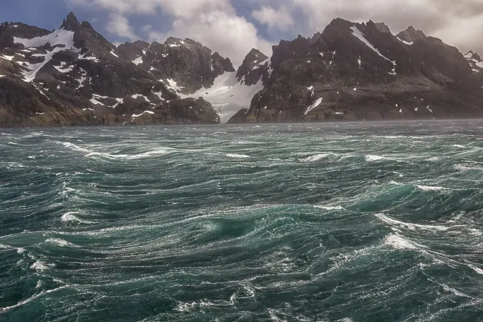 Framed Print : Southern Ocean, South Georgia, Drygalski Fjord. An Antarctic storm blows up where the wind flattens the waves in this protected area. Date: 19-11-2011