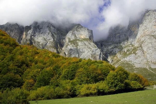 Spain - View of Picos de Europa mountains at cablecar resort Feunte De in autumn Costa Verde, Cantabria, Spain